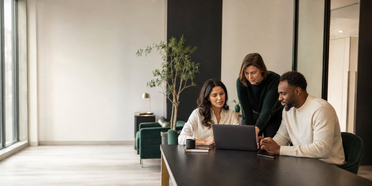 Legacy insurance professionals collaborating in a bright modern office